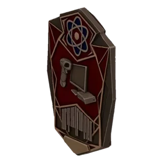 3D модель научно-фантастического медальона с символами атома, компьютера и штрих-кода на темно-красном фоне с металлической о
