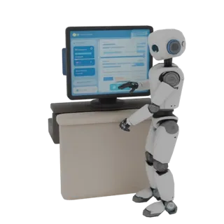 3D модель футуристичного робота-помощника, стоящего у монитора и указывающего на экран.