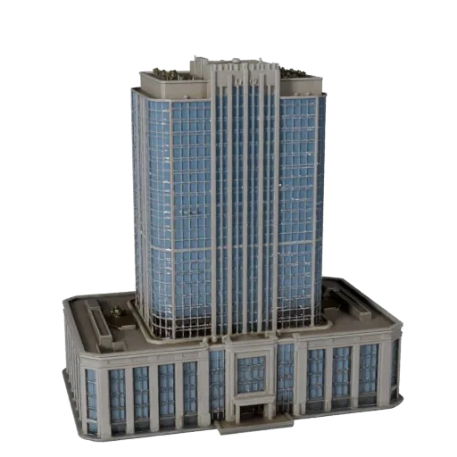 Реалистичная 3D модель небоскреба в стиле ар-деко, вид в три четверти снаружи, показывающий материалы коммерческого офисного