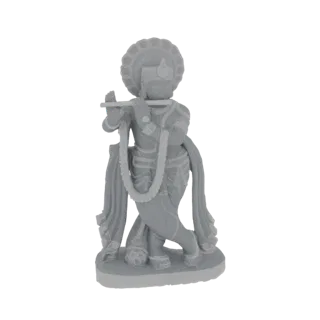3D модель Господа Кришны, стоящего в изящной позе, играющего на флейте, с нимбом и цветочной гирляндой.