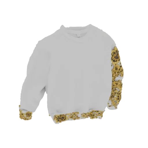 3D модель белого свитшота с детализированным золотым бархатным принтом на рукавах и подоле.