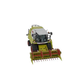 Вид сверху 3D-модели желто-белого комбайна Claas Lexion 780 с красно-желтой жаткой.