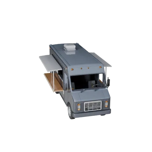 3D модель фудтрака, вид из игрового окна в три четверти, готовый к использованию в Unity ассет транспортного средства с рабоч
