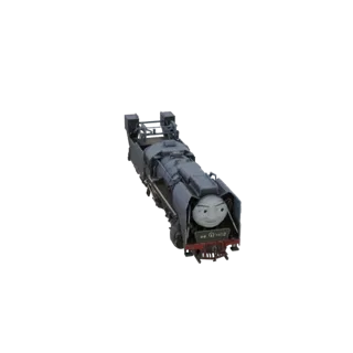 3D модель темно-серого паровоза Gresley Class A4 с дружелюбным лицом, вид спереди справа.