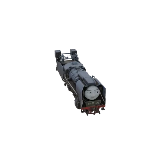 3D модель темно-серого паровоза Gresley Class A4 с дружелюбным лицом, вид спереди справа.