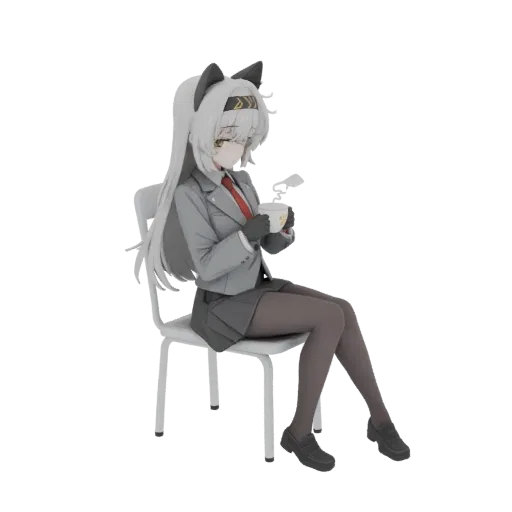 3D-модель аниме-девушки с кошачьими ушками в школьной форме, сидящей на стуле и держащей чашку кофе с поднимающимся паром.