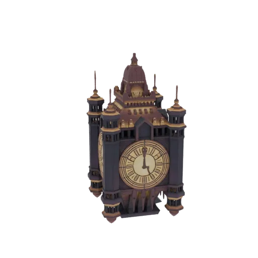 3D модель детализированной викторианской часовой башни с темно-металлической и золотой отделкой, с циферблатом и богато украш