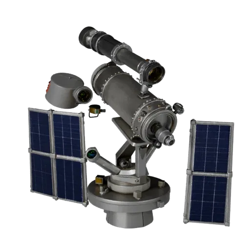 Высокополигональная 3D модель телескопа для исследований, студийный рендер крупным планом, показывающий металлические трубы,