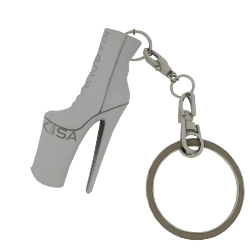 3D модель серебристого шарм-брелока в виде платформенных ботинок с высоким каблуком и логотипом 'KISA', прикрепленная к кольц