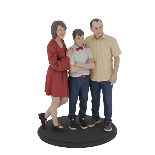 3D модель улыбающейся матери в красном платье, отца в желтой рубашке и сына с красным галстуком-бабочкой, стоящих вместе на ч
