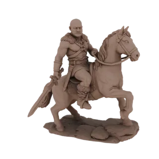 3D-модель свирепого варвара с мечом, верхом на коне, с меховой отделкой доспехов, на каменистом основании.
