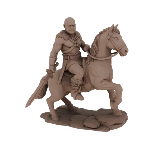 3D-модель свирепого варвара с мечом, верхом на коне, с меховой отделкой доспехов, на каменистом основании.