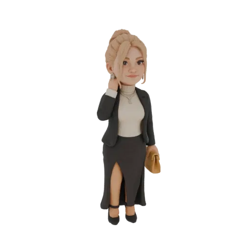 3D модель стильной бизнес-леди в темном костюме, с золотым клатчем, со светлыми волосами в прическе.