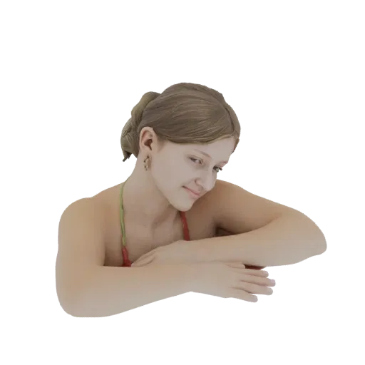 3D модель молодой девушки со светло-каштановыми волосами, собранными в косу-пучок, в топе бикини, позирующая со скрещенными р