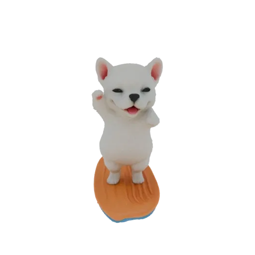 3D модель белого французского бульдога с высунутым языком, радостно катающегося на деревянной доске для серфинга с основанием