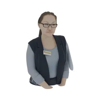 3D модель женщины в синей рубашке, темном жилете и с бейджем, в очках, с собранными волосами.