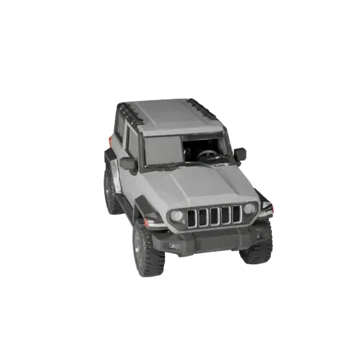 Низкополигональная 3D-модель внедорожника в стиле Jeep, вид из игрового окна в три четверти, низкополигональный актив транспо