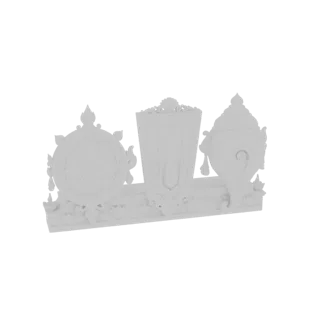 3D-модель белого декоративного набора с Дхарма Чакрой, Тилаком и Шанкхом на богато украшенной подставке, изолированная на бел
