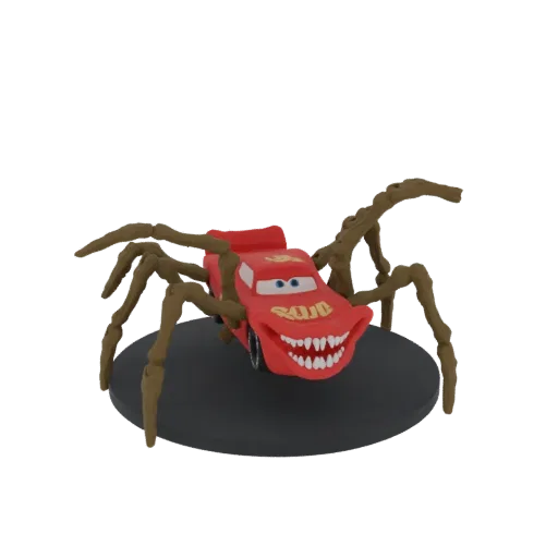 3D-модель Молнии Маккуина из Тачек с паучьими лапами и зловещей ухмылкой на черном основании.