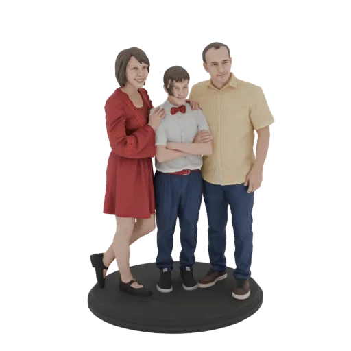 3D модель семьи из трех человек, включая мать в красном платье, сына с красным галстуком-бабочкой и отца в желтой рубашке, стоящих на круглой подставке.