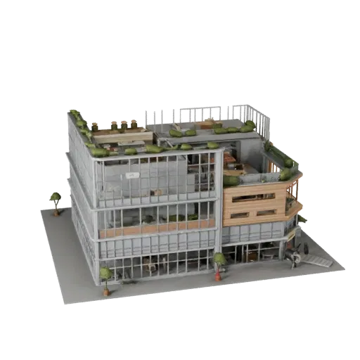 3D модель офисного здания коворкинга, готовая к использованию в Blender, вид рендера студии Blender, показывающий материалы к