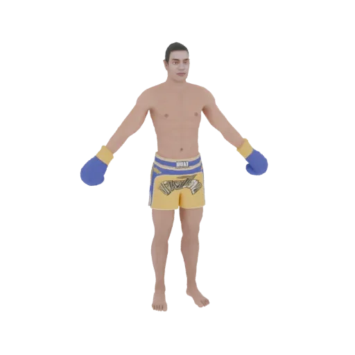 3D модель мужчины-бойца Муай Тай в синих и желтых боксерских перчатках и шортах Муай Тай, стоящего в готовности.