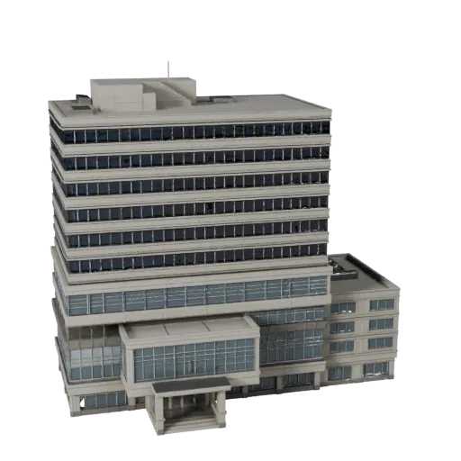 Коммерческий офисный комплекс, печатная STL 3D модель, изометрический вид, показывающий материалы коммерческого офисного здан