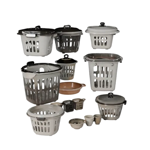 3D-модель Уютная корзина для белья, вид спереди три четверти, вьюпорт Unity, показывающий керамику, узнаваемые повседневные ф