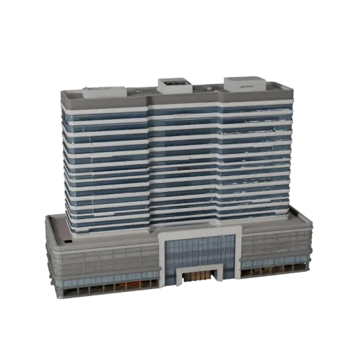 Высокополигональная 3D модель здания с офисным атриумом, крупный план архитектурного рендера, показывающий материалы коммерче