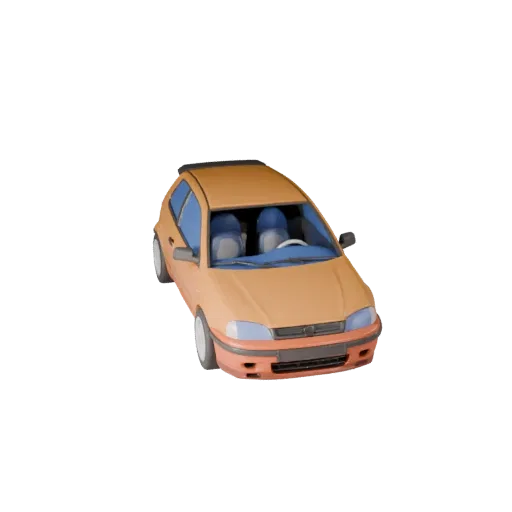 Мультяшная 3D-модель хэтчбека, вид в три четверти в студии, стилизованный ресурс автомобиля с линиями кузова, остеклением, по