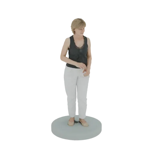3D-модель женщины с светлыми волосами, в черном топе без рукавов и белых брюках, стоящей на светло-голубой круглой подставке.