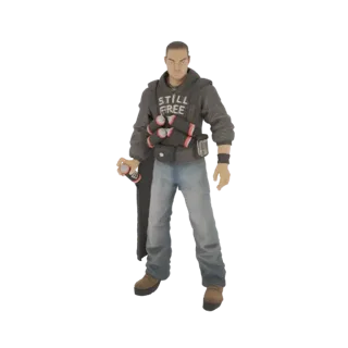 3D модель мужчины-граффитиста в худи и джинсах, держащего баллончики с краской.