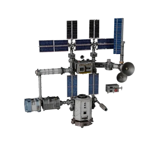 Модульная 3D-модель станции ретрансляции навигации, изометрический вид модульного набора, показывающий солнечные панели, силу