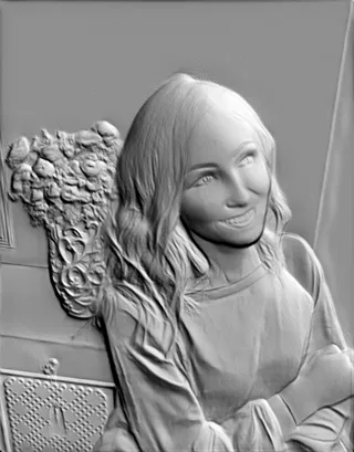 3D модель барельефа "Улыбающаяся девушка" в профиль, с мягкой улыбкой и мечтательным взглядом.