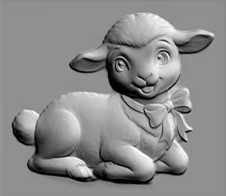 3D модель барельефа милого ягненка с бантом, лежащего и смотрящего вперед с доброй улыбкой