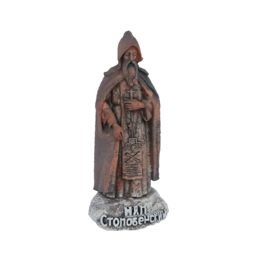 3D модель фигурки монаха-святого с бородой, в одежде с капюшоном и с крестом, стоящая на каменном основании с текстом на кири
