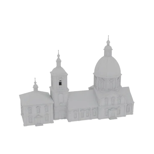 3D модель белой церкви в стиле барокко с большим куполом и высокой колокольней на черном фоне.