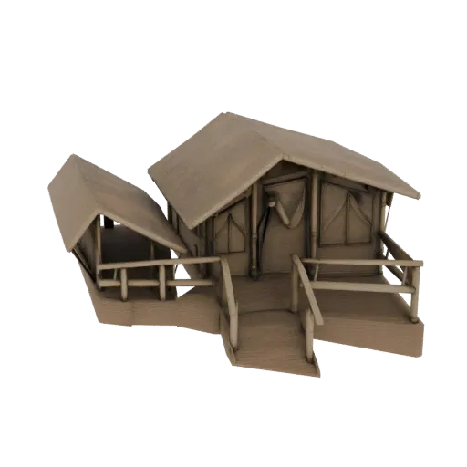 3D модель деревенской хижины с крыльцом, ступеньками и меньшим пристроенным навесом, в натуральном, землистом тоне.