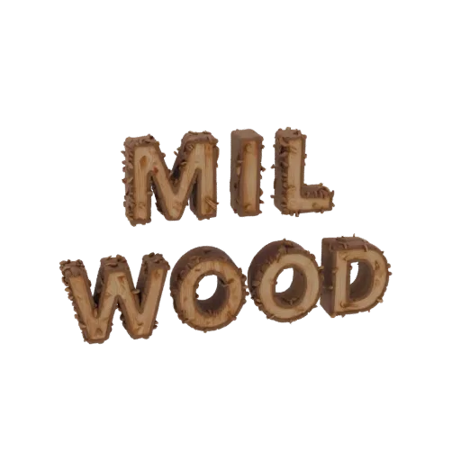 3D модель объемного текста MILWOOD, выполненного из дерева с текстурой коры и опилок, расположенного в две строки