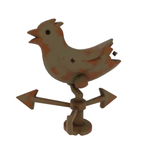 3D модель ржавой птицы-флюгера с указателями направления, с признаками возраста и выветривания.