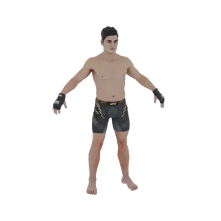 3D-модель бойца ММА в позе T, в черных и золотых шортах UFC и перчатках для ММА, на белом фоне.