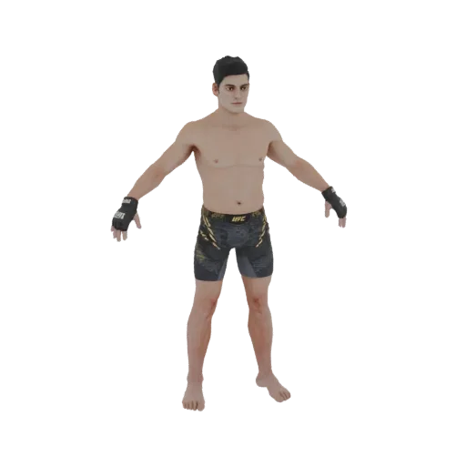 3D-модель бойца ММА в позе T, в черных и золотых шортах UFC и перчатках для ММА, на белом фоне.