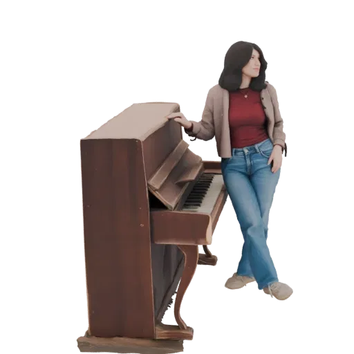 3D модель молодой женщины с темными волосами в бордовом топе и синих джинсах, непринужденно опирающейся на старинное пианино.