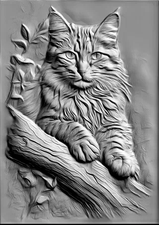 3D модель барельефа кота, сидящего на ветке дерева, в черно-белом исполнении
