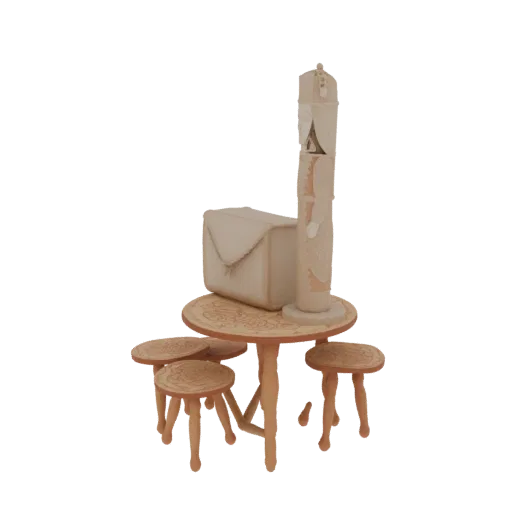 3D модель набора "Щелкунчик" для стола: фигурка, стол, три табурета. Нейтральный тон.