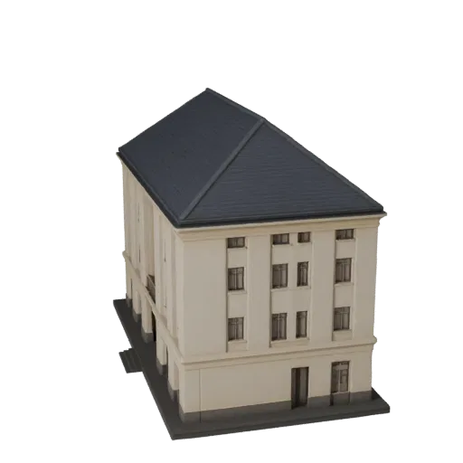 Печатная STL 3D модель бунгало, изометрический вид, показывающий материалы жилого здания и архитектурные детали