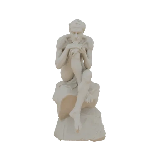 3D модель белой мраморной статуи сидящего философа на каменном основании, с подтянутыми коленями и задумчивым выражением лица