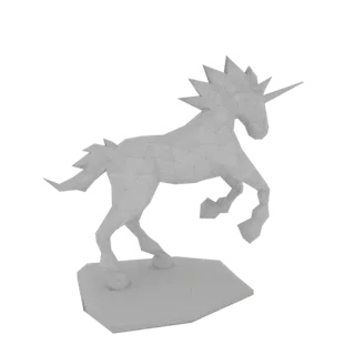 A low-poly 3D model of a unicorn statue in a dynamic pose on a hexagonal base, rendered in grayscale.