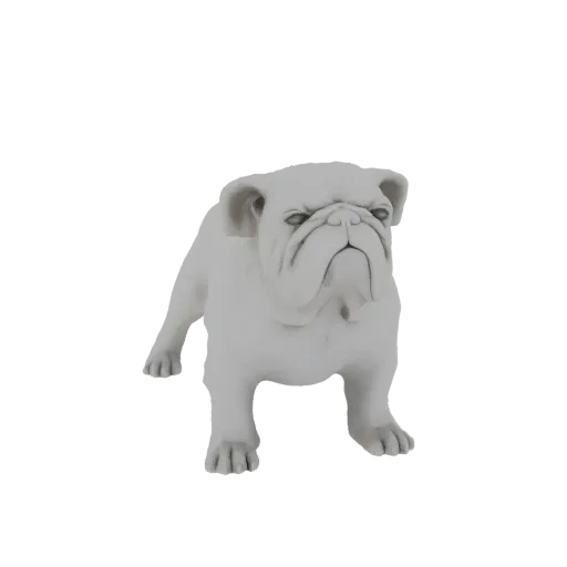 Рендер 3D модели серой статуи бульдога, стоящего со строгим выражением и детализированными морщинами.