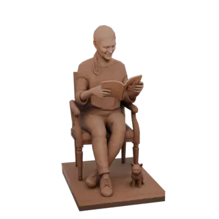 3D модель женщины, читающей книгу в кресле, с маленькой кошкой, сидящей на основании рядом с ней, выполненная в глиноподобном